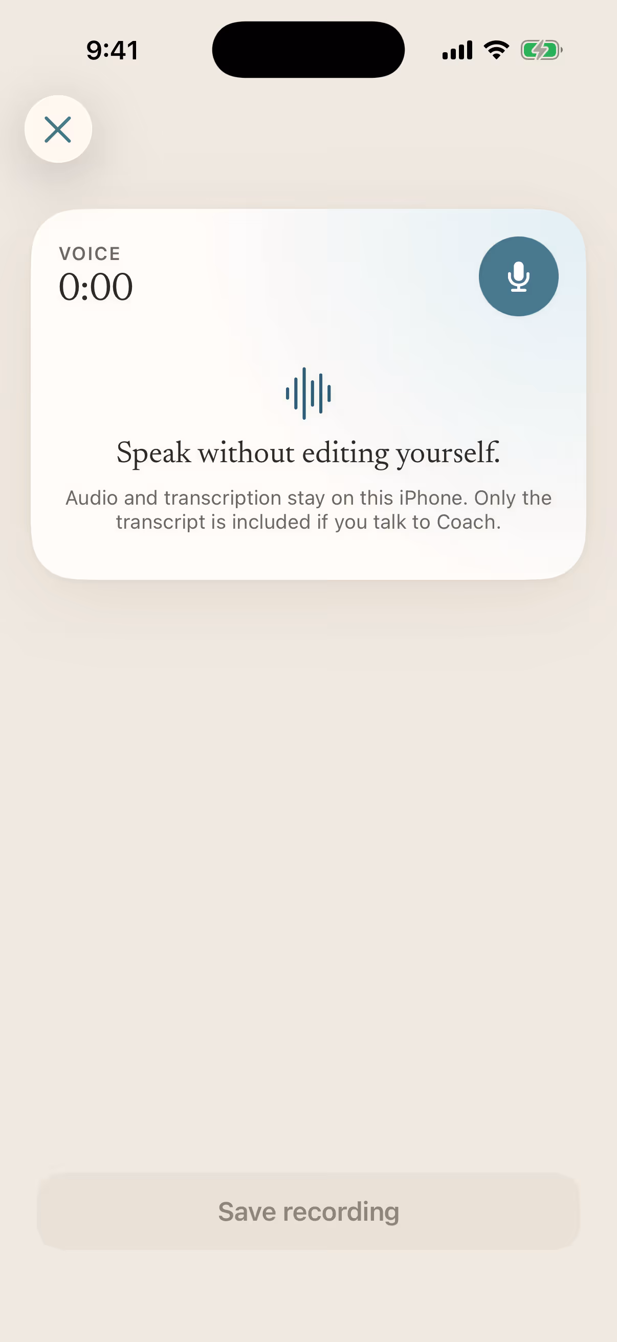 Cyon's voice check-in, recording with a live waveform